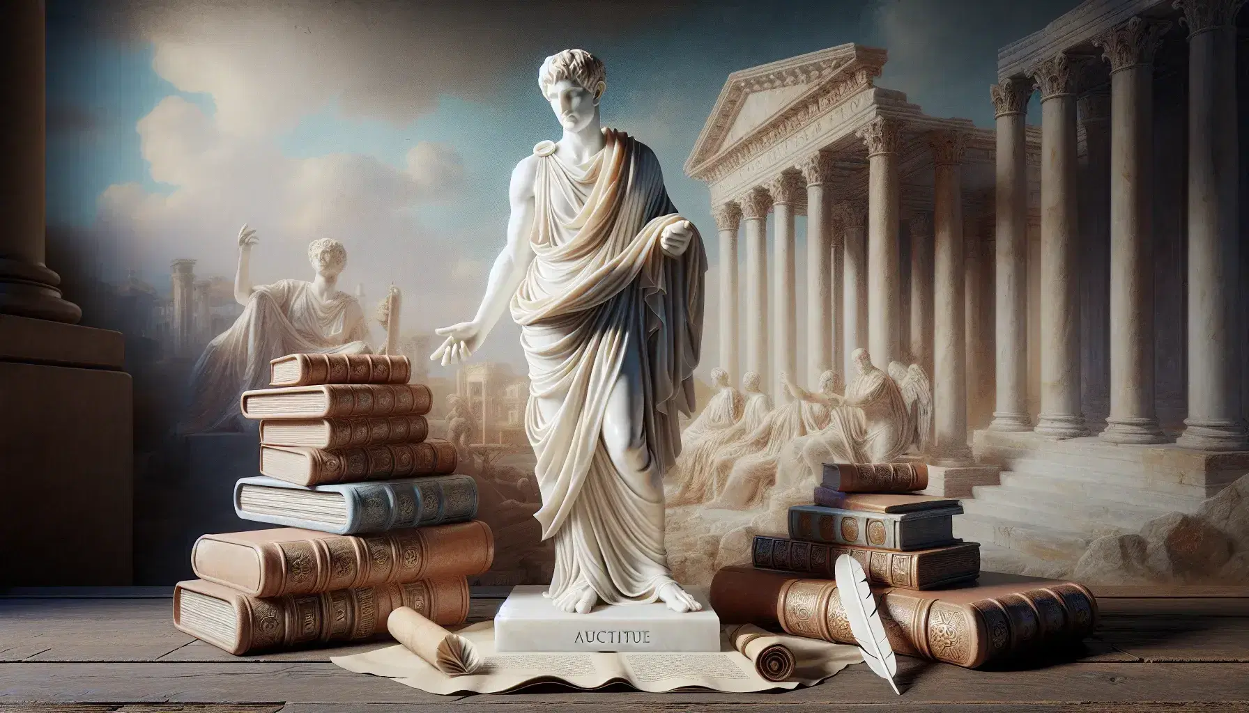 Statua marmorea di Ovidio in piedi con toga drappeggiata, mano su rotolo e altra alzata, sfondo di colonne romane, libri antichi e penna d'oca in primo piano.