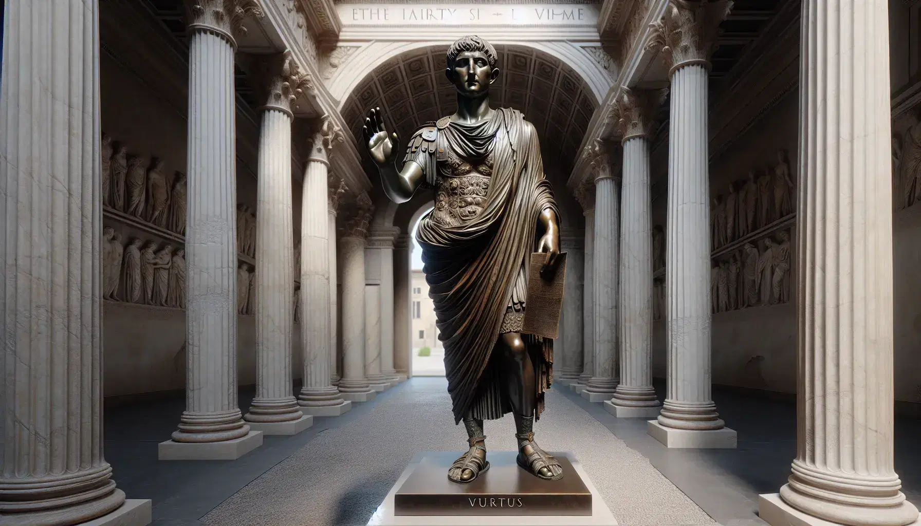 Estatua de bronce de emperador romano con toga y corona de laurel, levantando la mano derecha y sosteniendo un pergamino en la izquierda, frente a columnas de un foro romano y arco de triunfo bajo cielo azul.