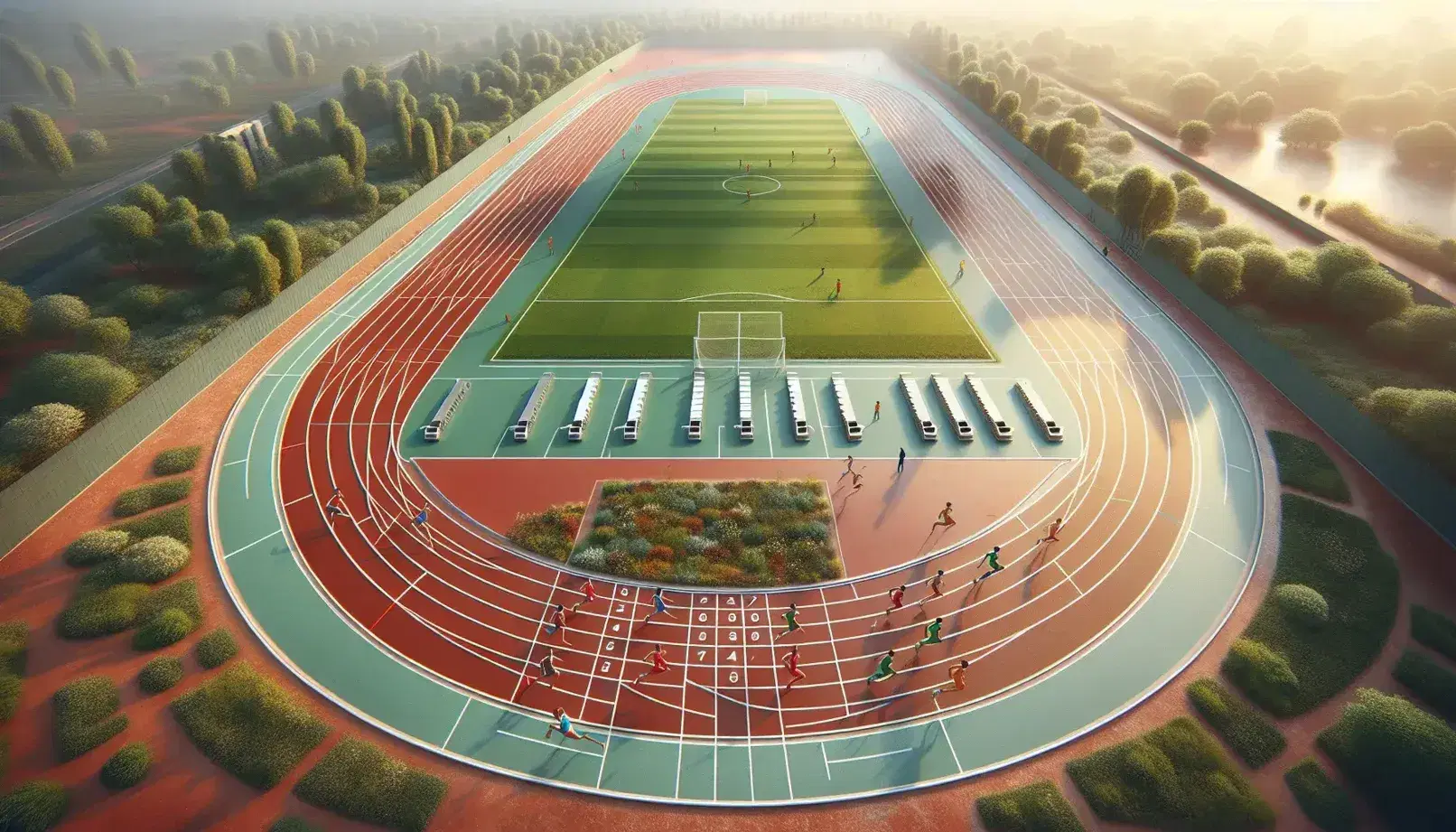 Vista aerea di pista d'atletica con atleti in corsa, pista marrone con linee bianche, campo verde al centro, blocchi di partenza e alberi in lontananza.