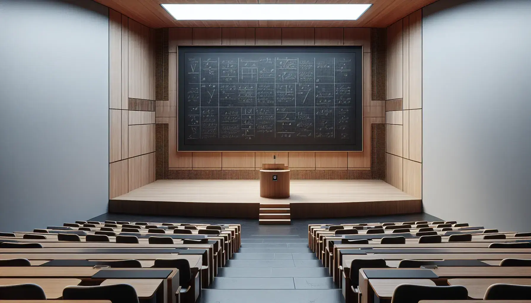 Modern lecture hall with a large blank chalkboard, wooden podium, semi-circular desk arrangement, and windows overlooking a green landscape.