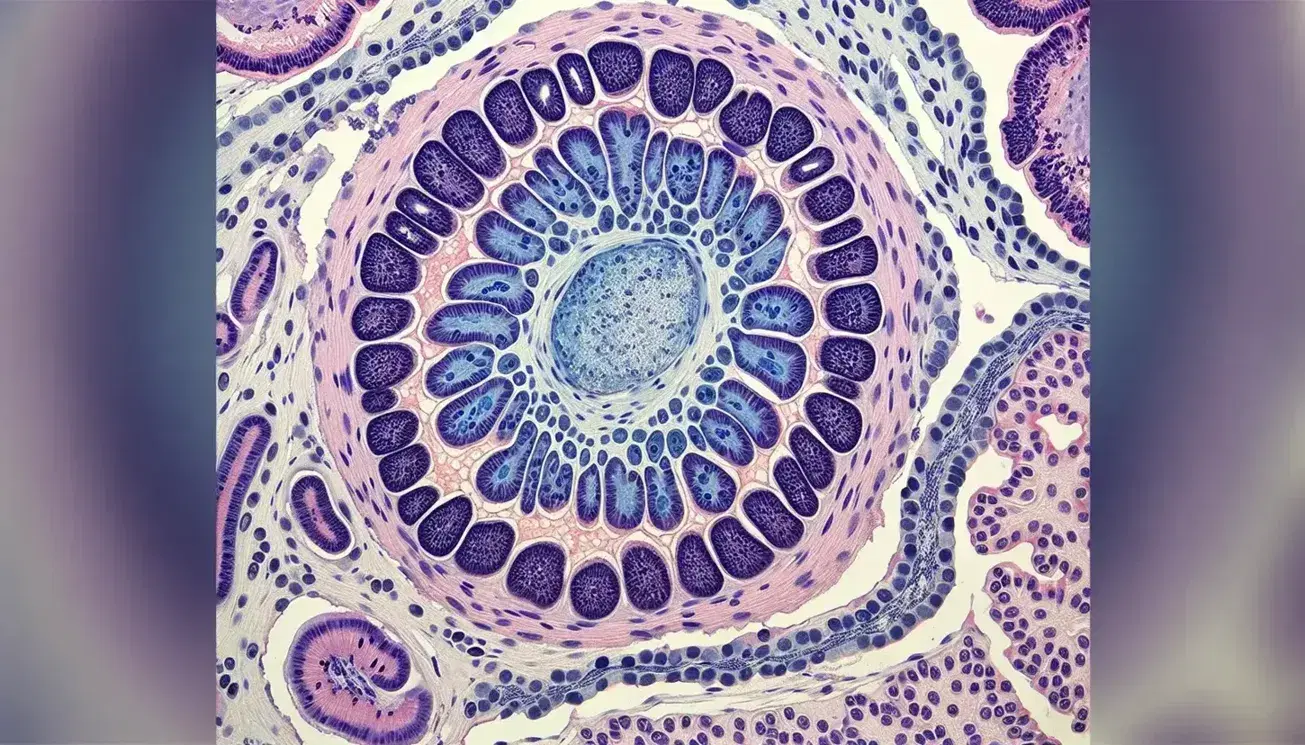 Vista microscópica de tejido glandular con glándula tubular en sección transversal, células epiteliales cilíndricas y matriz extracelular con fibras finas.