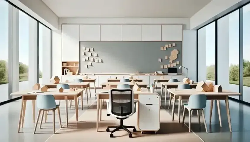 Aula moderna y luminosa con pizarra blanca grande, escritorio de profesor de madera clara, sillas azules y mesas con bloques geométricos de madera.