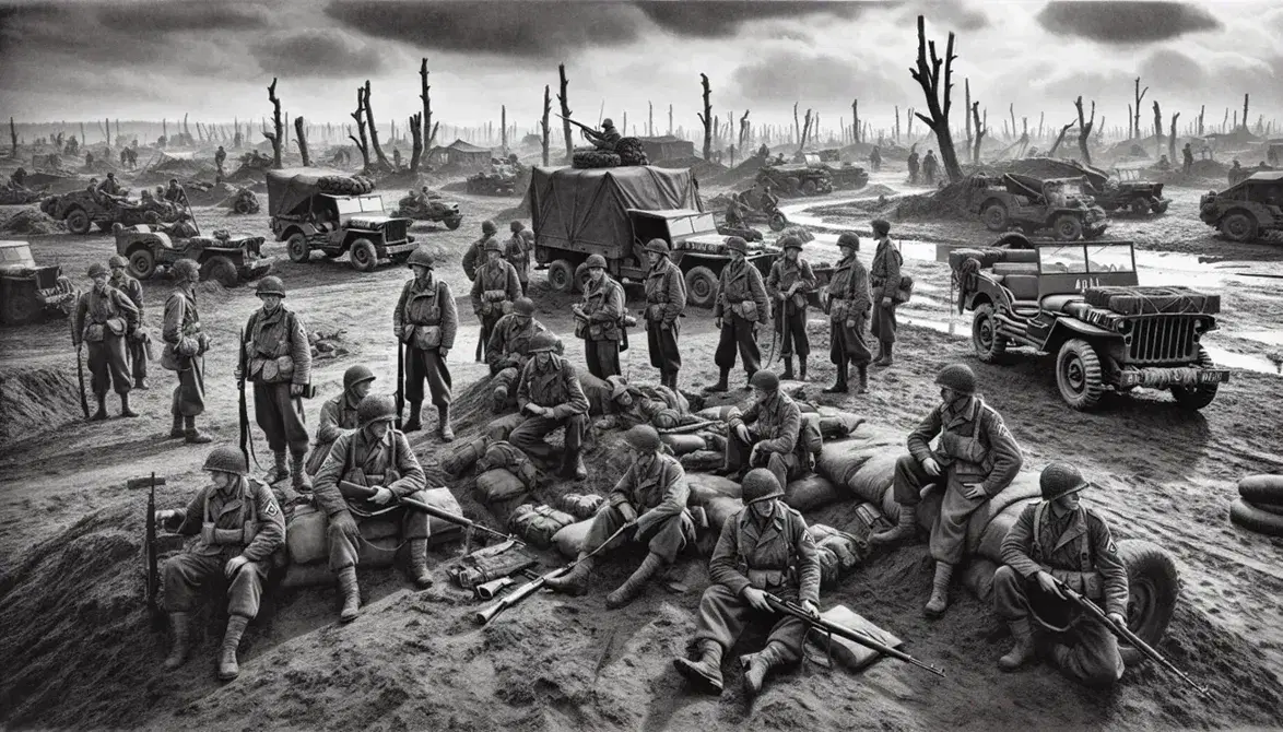 Soldati in uniforme della Seconda Guerra Mondiale con fucili, tende militari e veicoli sullo sfondo di un campo di battaglia nuvoloso.