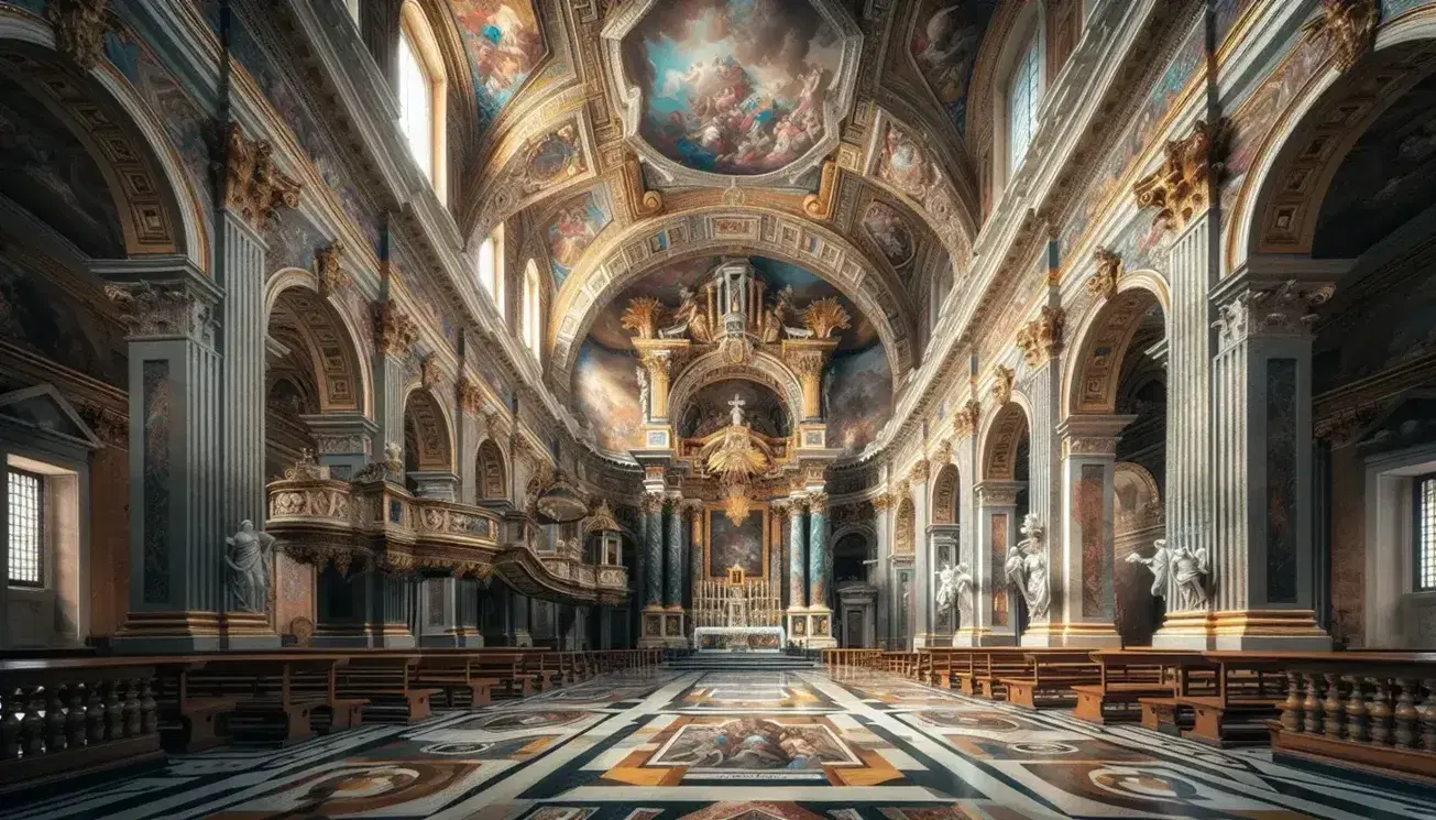 Interno barocco della Chiesa del Gesù a Roma con volta affrescata, colonne marmoree, altare scolpito e pavimento a mosaico.