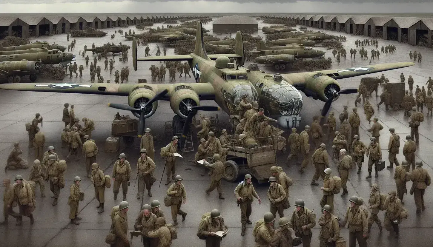 Chaotic WWII airfield scene with military personnel bustling around a stationary B-25 bomber, maintenance gear scattered, and barracks in the background.