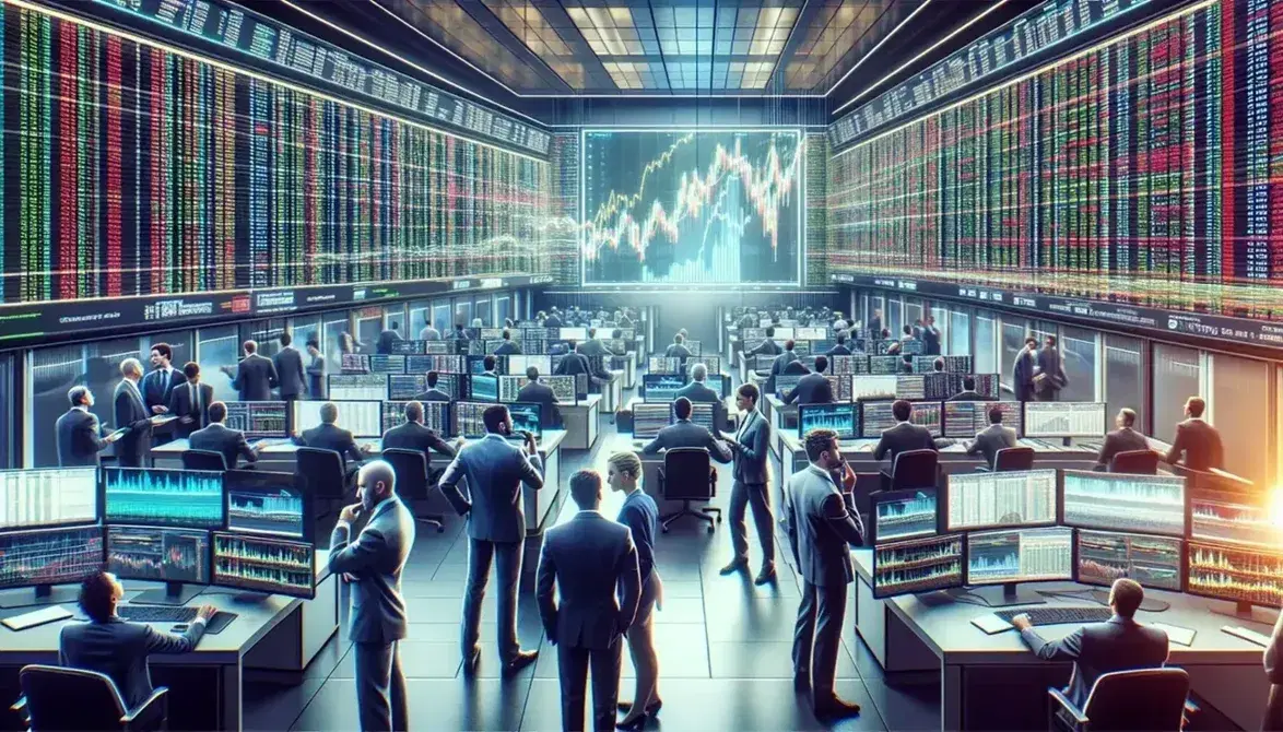 Active stock exchange floor with traders at desks monitoring screens, displaying dynamic financial charts, under bright, even lighting.