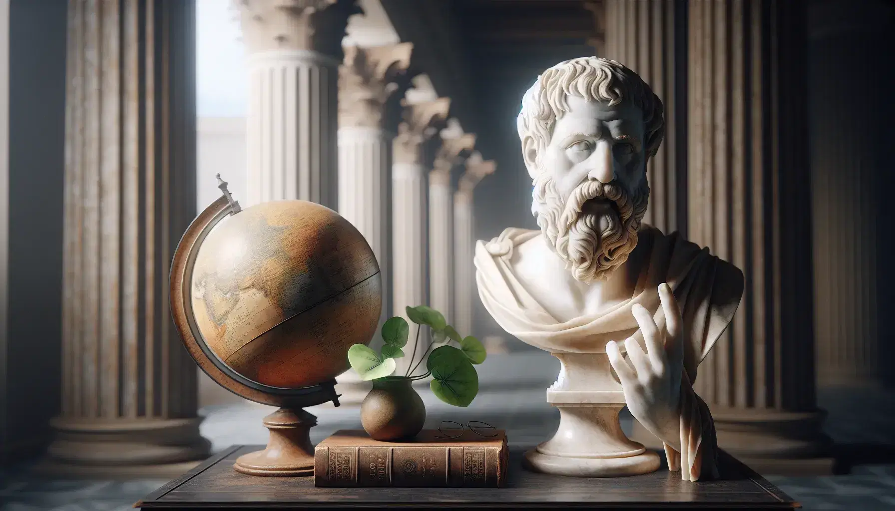 Estatua de mármol de Sócrates pensativo con mano izquierda levantada, fondo desenfocado de columnas griegas, globo terráqueo antiguo y planta verde.