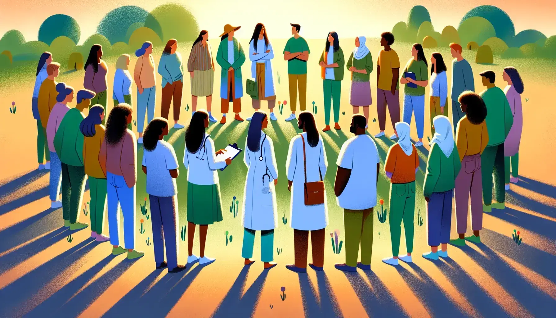 Diverse group of people in a semi-circle engaging with a Middle Eastern healthcare professional outdoors, symbolizing inclusive healthcare.