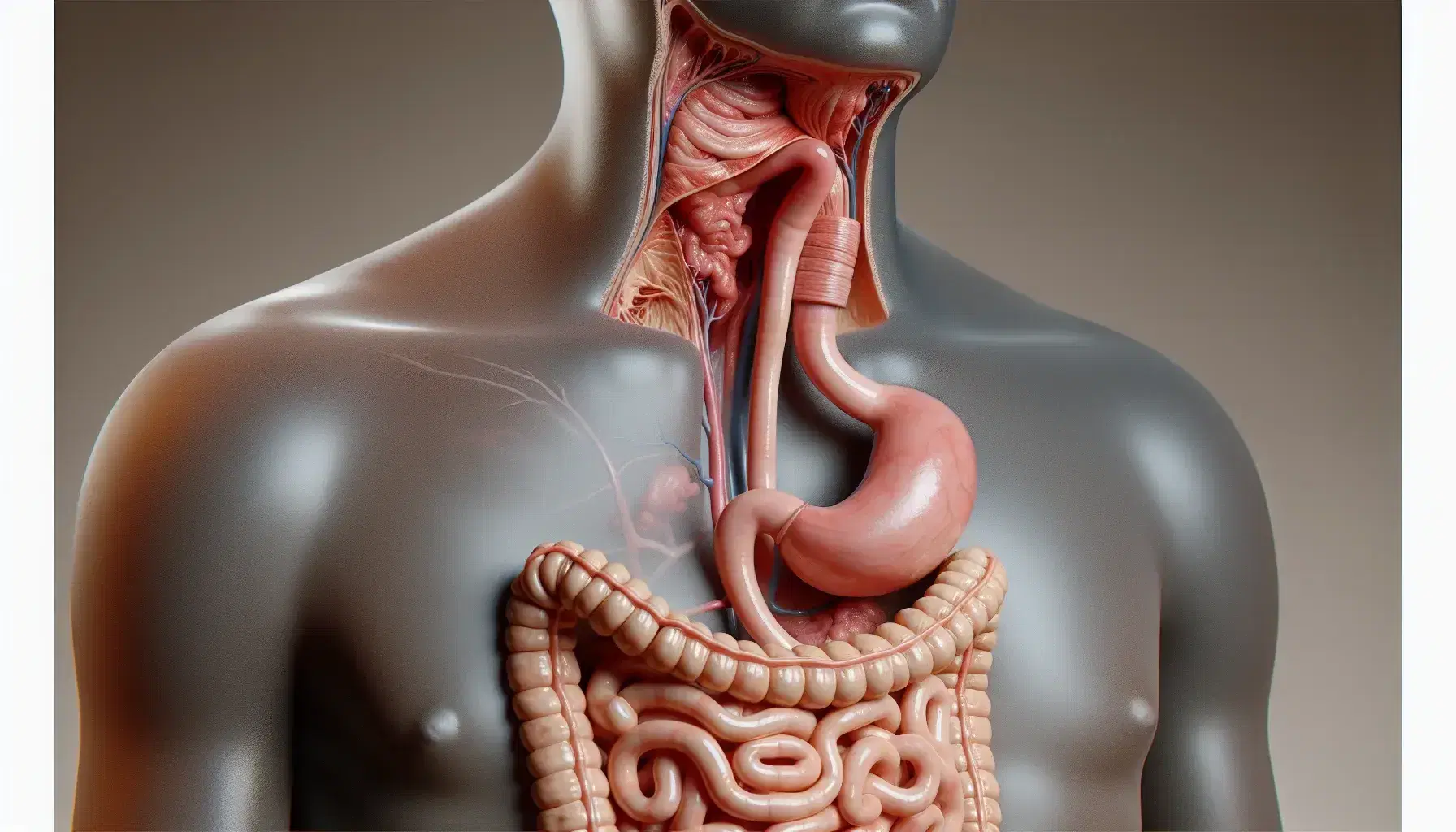 Modelo anatómico tridimensional del sistema digestivo humano mostrando el tracto desde la faringe hasta el intestino delgado con detalle realista.