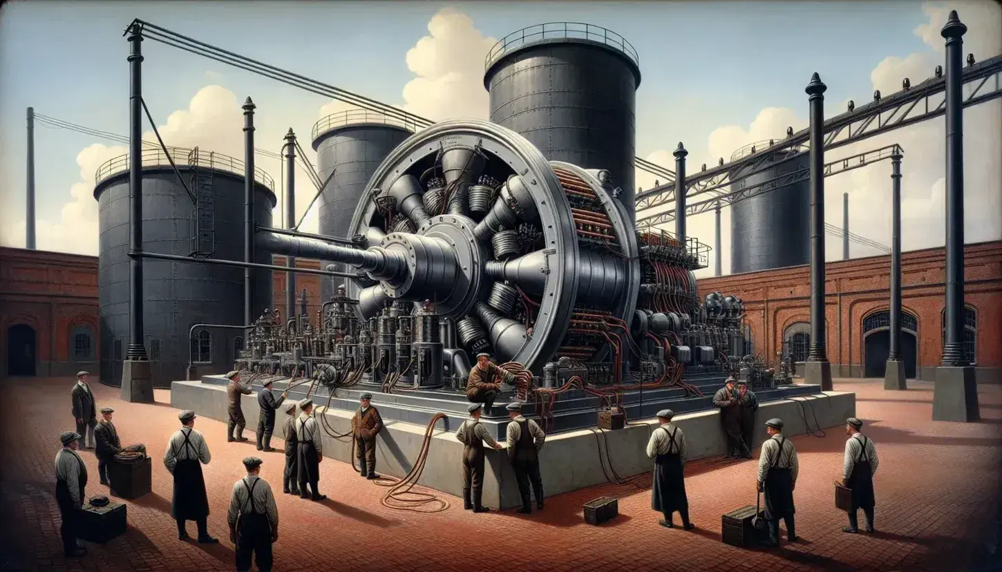 Dinamo industriale grigia della seconda rivoluzione industriale con operai in abiti d'epoca e sfondo di serbatoi metallici.