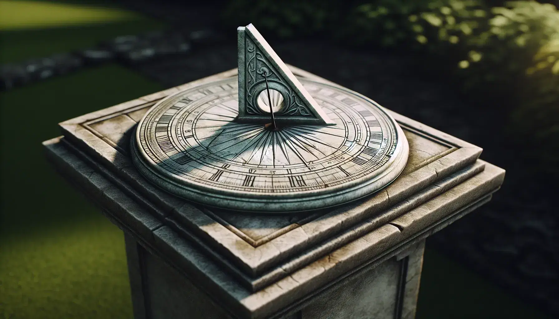 Reloj de sol antiguo con gnomon triangular sobre base circular de piedra en jardín, mostrando la sombra que indica la hora en un día soleado.