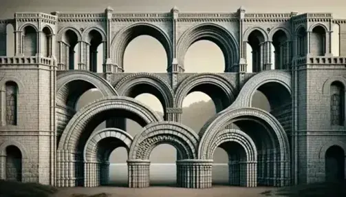 Secuencia de arcos de piedra de distintos estilos arquitectónicos bajo luz diurna, incluyendo un arco rectilíneo, uno circular, uno gótico apuntado y varios de un puente.