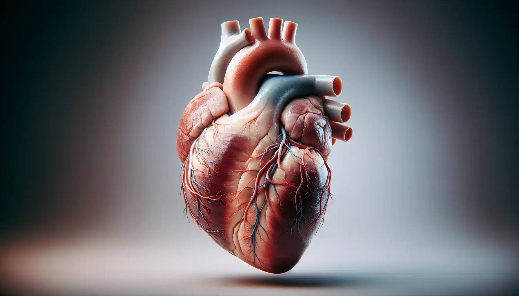 Cuore umano realistico con arterie coronarie e vene cardiache visibili, posizionato frontalmente su sfondo neutro.