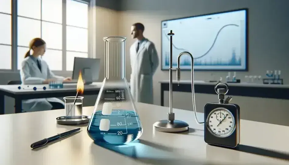Glass beaker with blue liquid on laboratory table, turned off Bunsen burner and stopwatch, two scientists analyze data on blurry computer.