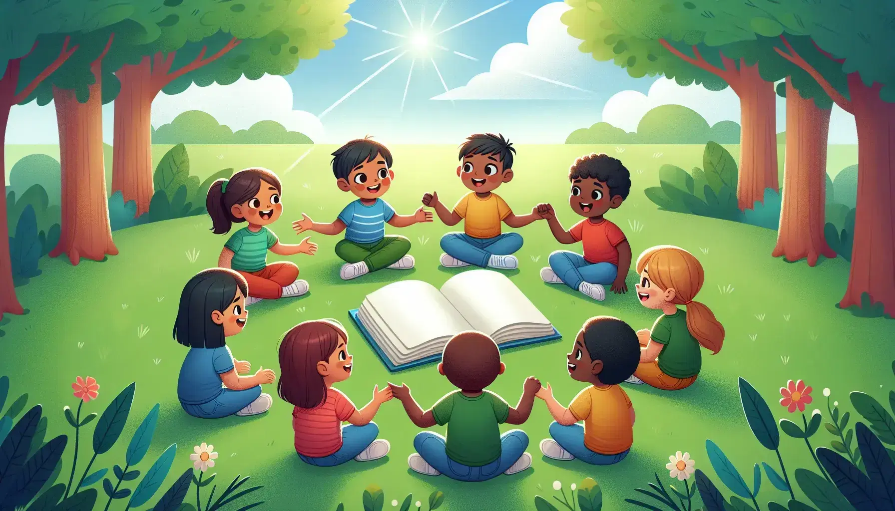 Bambini di diverse etnie seduti in cerchio su un prato, discutono animatamente attorno a un libro aperto, vestiti colorati, ambiente naturale sereno.