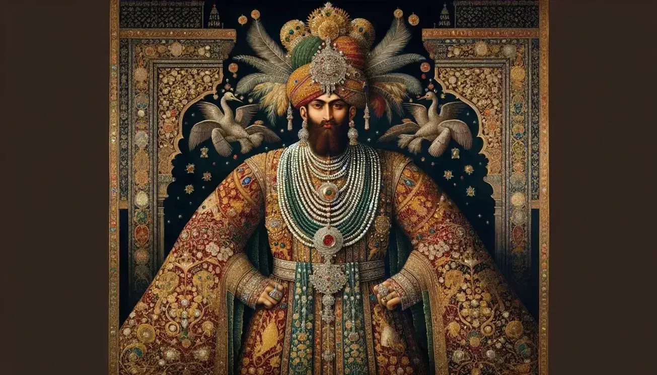 Mughal emperor in traditional attire with gold-embroidered jamawar robe, jeweled turban, and sword, standing on a Persian carpet against a garden backdrop.