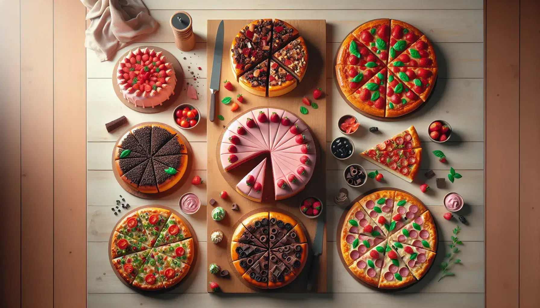 Tavolo in legno con assortimento di dolci e pizze tagliate: torta rosa con fragole, pizza con salame, torta al cioccolato e pizza margherita.
