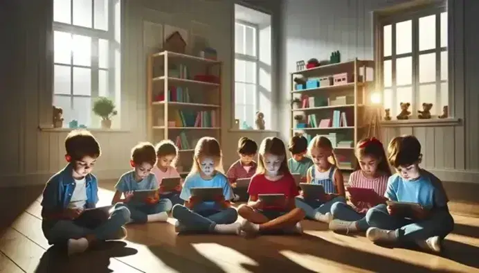 Niños y niñas concentrados en dispositivos electrónicos sentados en el suelo de una habitación iluminada naturalmente, con estantería de libros al fondo.