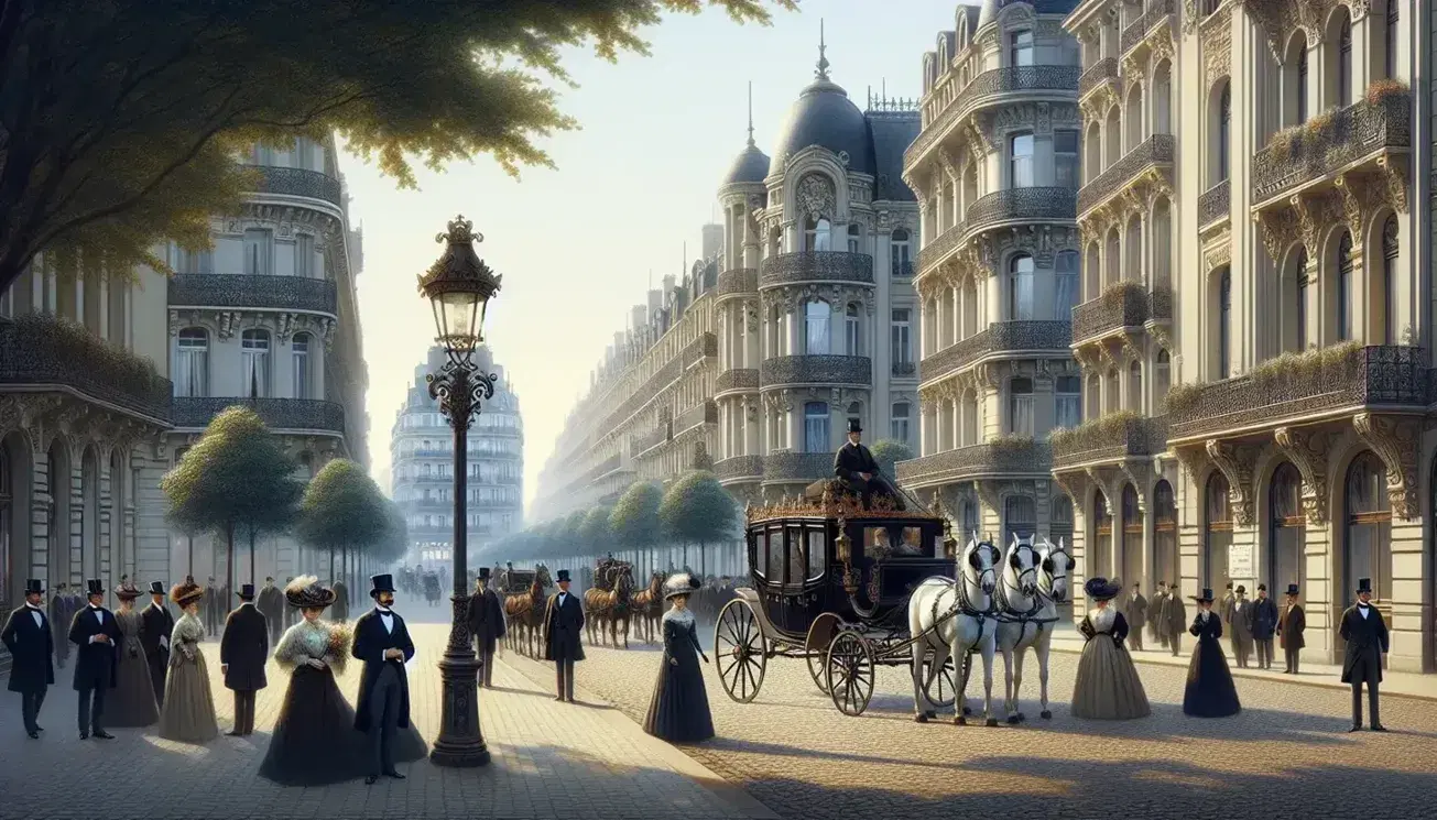 Escena urbana de principios del siglo XX con personas vestidas a la moda de la época paseando por una avenida arbolada, carruaje tirado por caballos y arquitectura de la Belle Epoque.