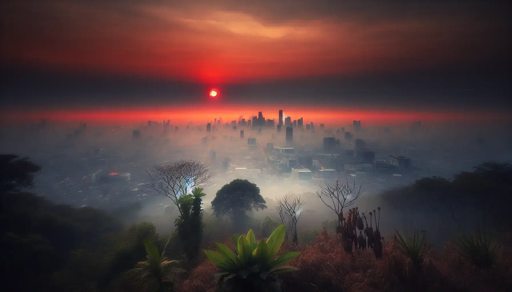 Vista di una città avvolta nella nebbia al tramonto con silhouette di grattacieli, cielo arancione-rosso e vegetazione in primo piano.