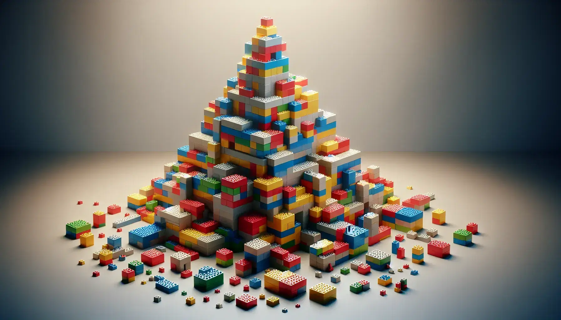 Blocchi colorati impilati in struttura complessa su superficie neutra, con ombre che evidenziano la tridimensionalità.
