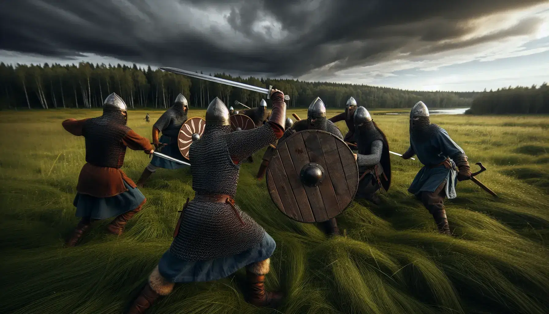 Viking warriors in chainmail train on a grassy field, with swords, shields, and spears, against a backdrop of a dark forest and stormy sky.