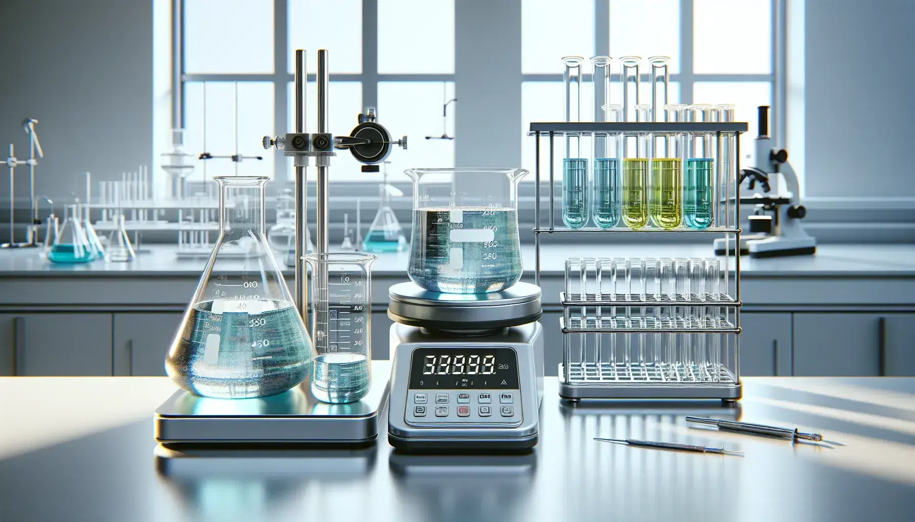 Science laboratory with transparent beakers with blue liquid, digital scale, colored test tubes and microscope on clean workbench.