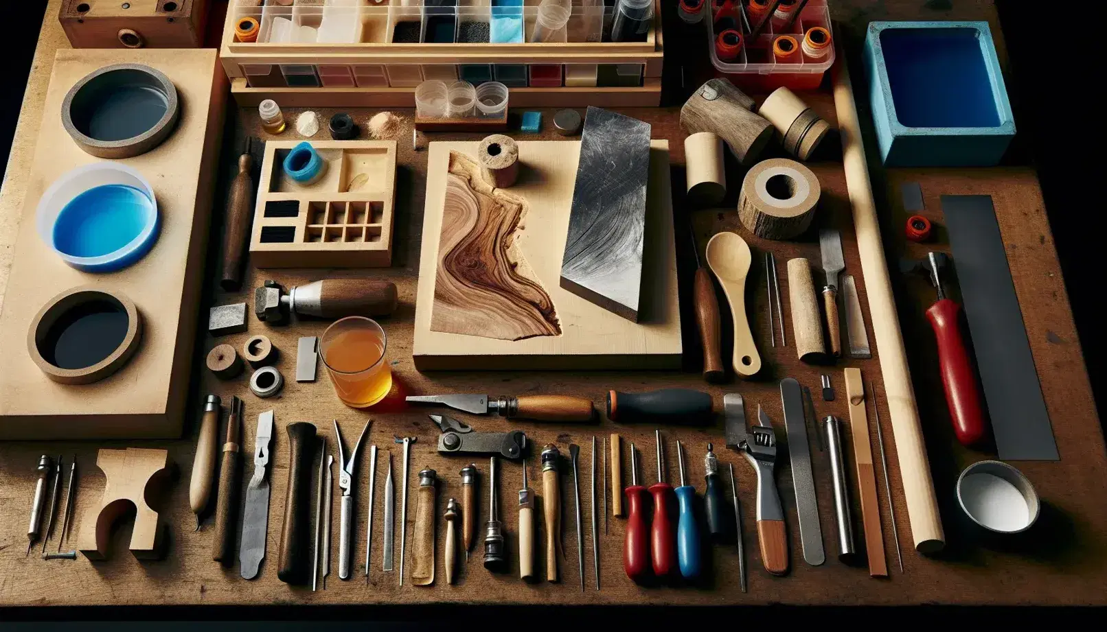 Mesa de trabajo con herramientas y materiales variados, incluyendo madera tallada, metal trabajado, plástico moldeado y tubos de ensayo con líquidos de colores.