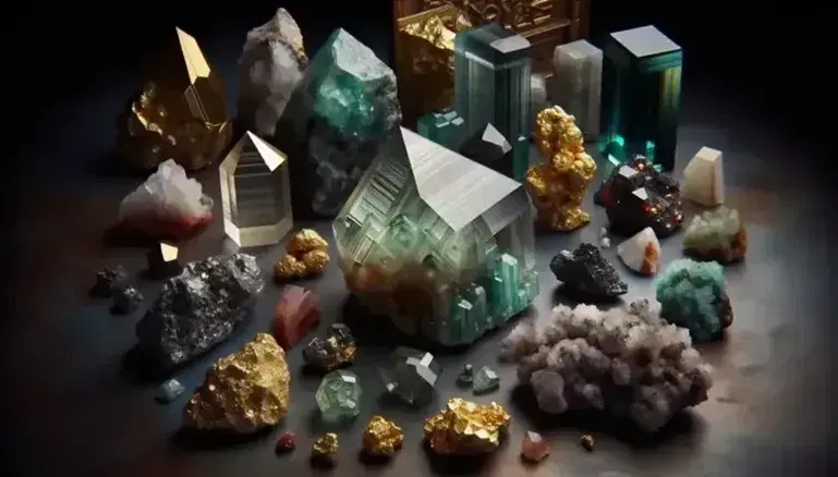 Collection of colorful minerals on a dark surface, with crystals of green orthosilicate, native gold, galena, pyrite, cinnabar, corundum, magnetite, hematite, halogens and carbonates.