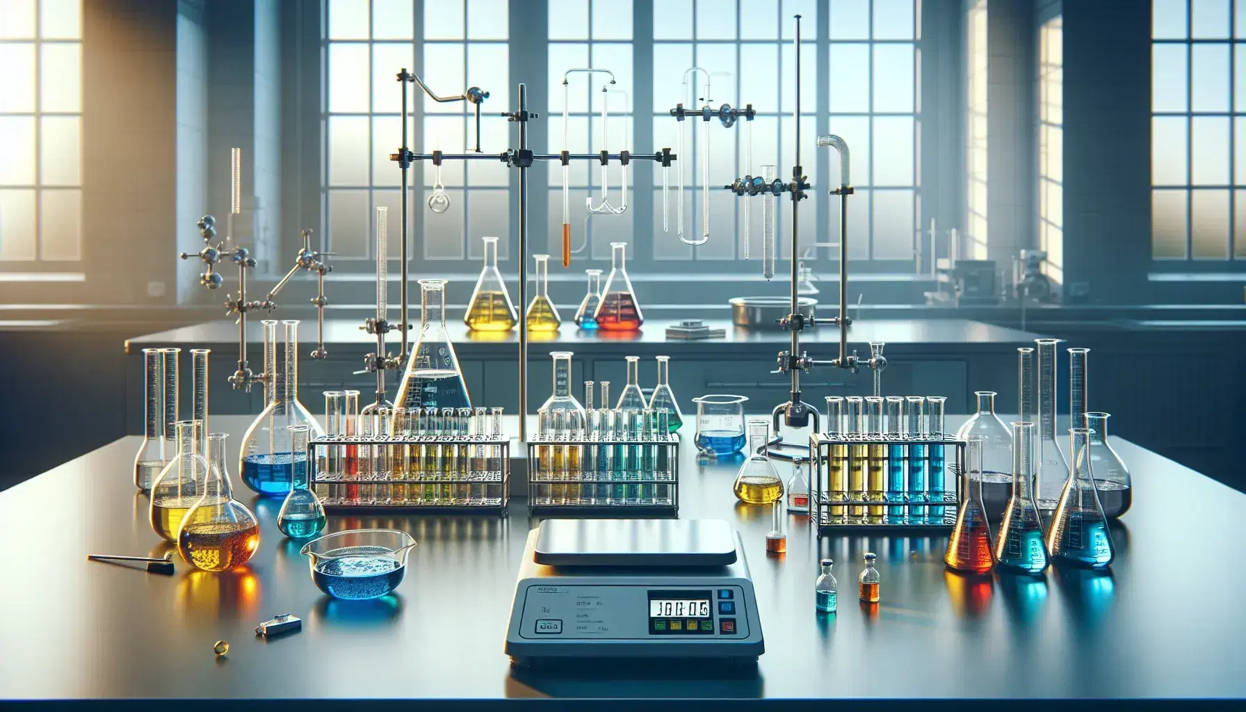 Laboratorio scientifico con becher di vetro contenenti liquidi colorati, bilancia analitica digitale e distillatore, illuminato da luce naturale.