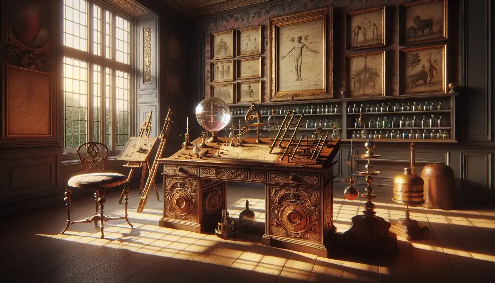 Eighteenth-century study with wooden desk, Enlightenment scientific instruments, colored glass bottles, anatomical and botanical illustrations.