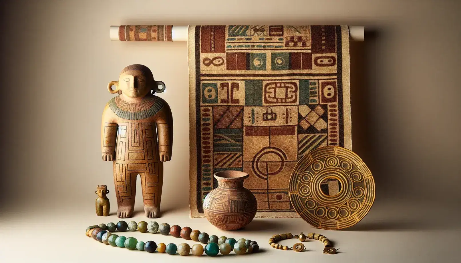 Colección de artefactos precolombinos con figura cerámica antropomórfica, collar de cuentas de colores, vasija decorada y textil de fibras naturales sobre fondo neutro.
