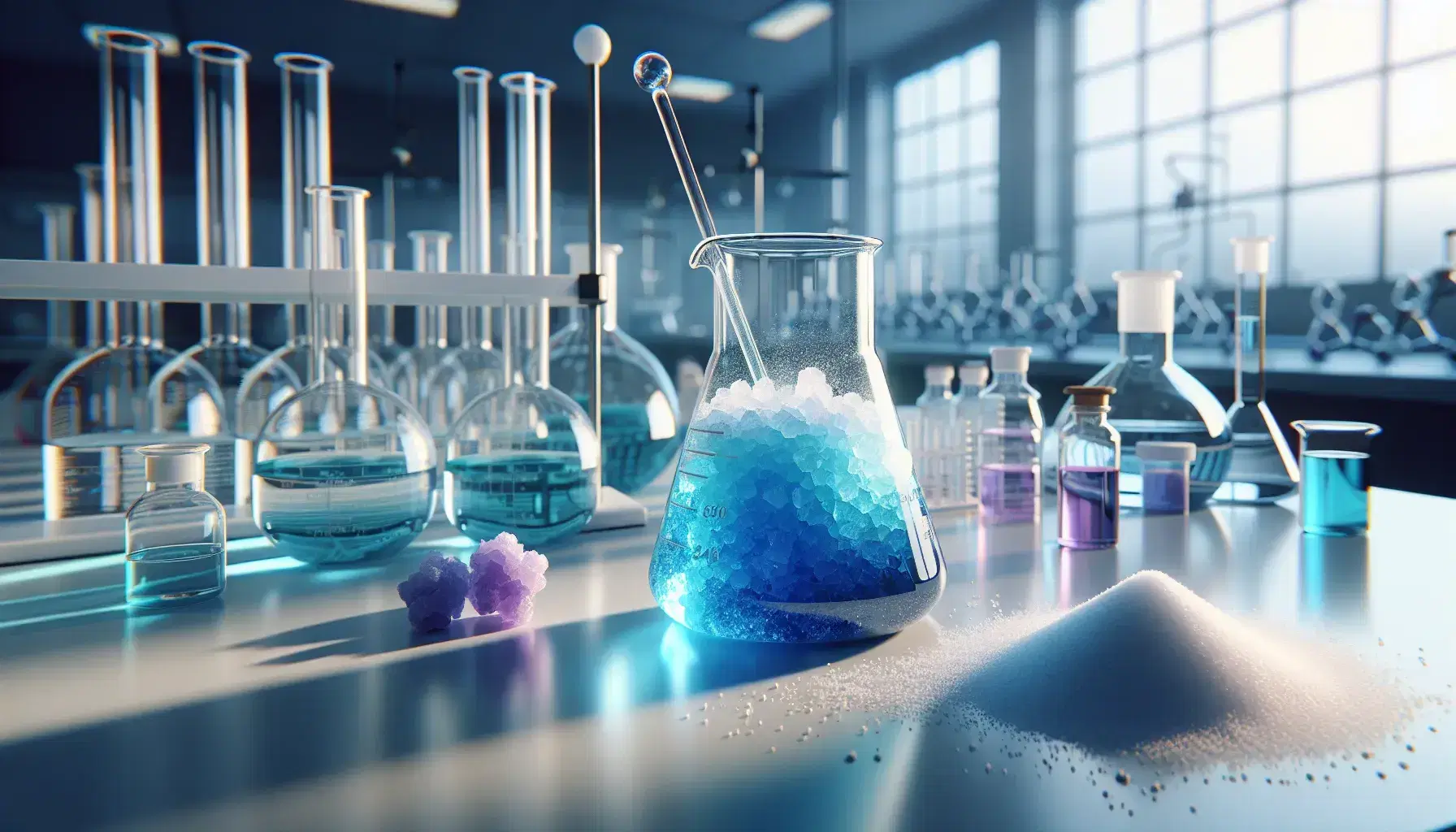 Laboratory with glass beaker containing blue crystals of copper sulfate, stirring rod, bottles, salt and safety devices in the background.