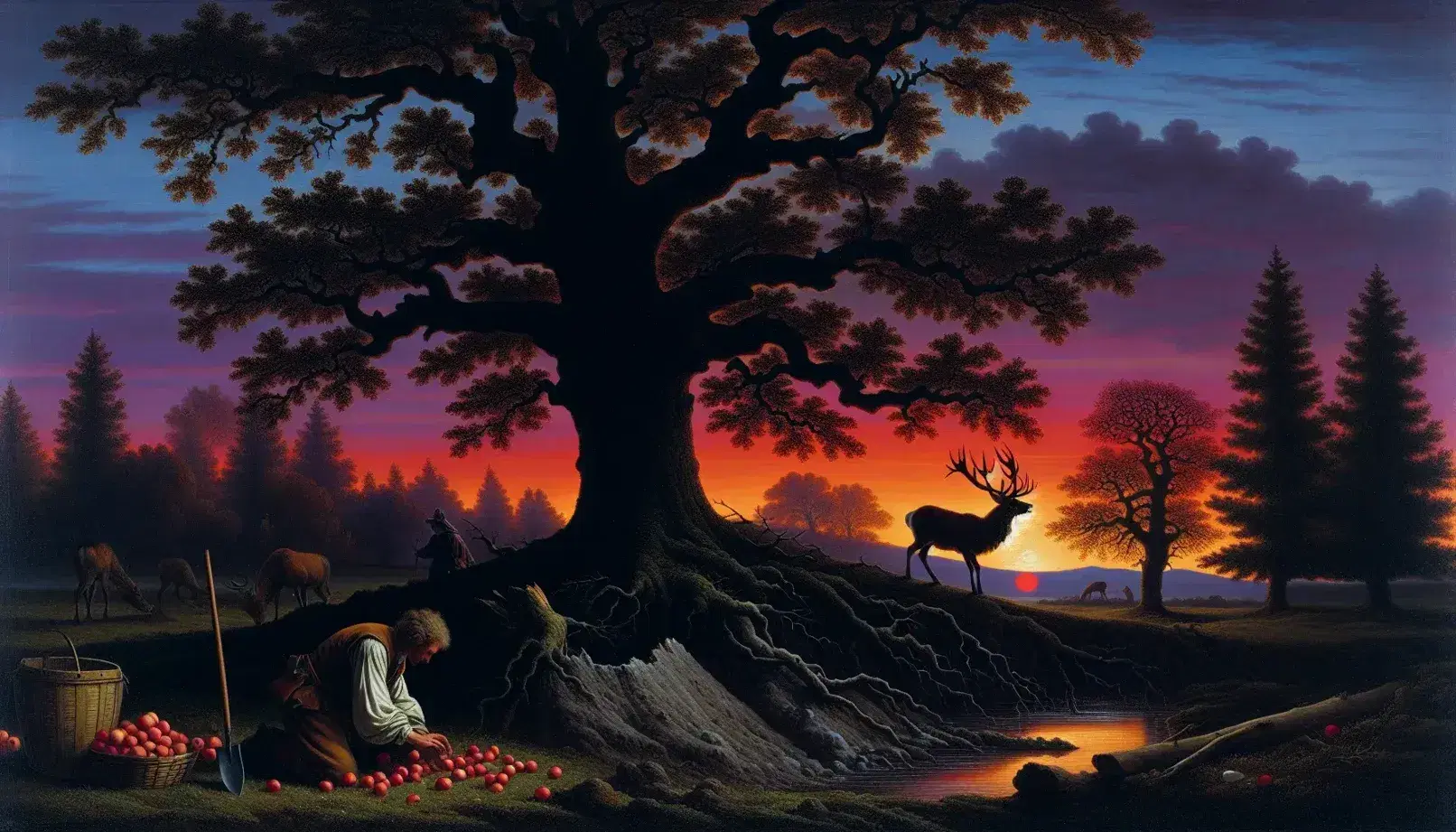 Scena pastorale al crepuscolo con uomo che raccoglie mele sotto quercia, cervo che beve da ruscello e dettagli di attività agricola.