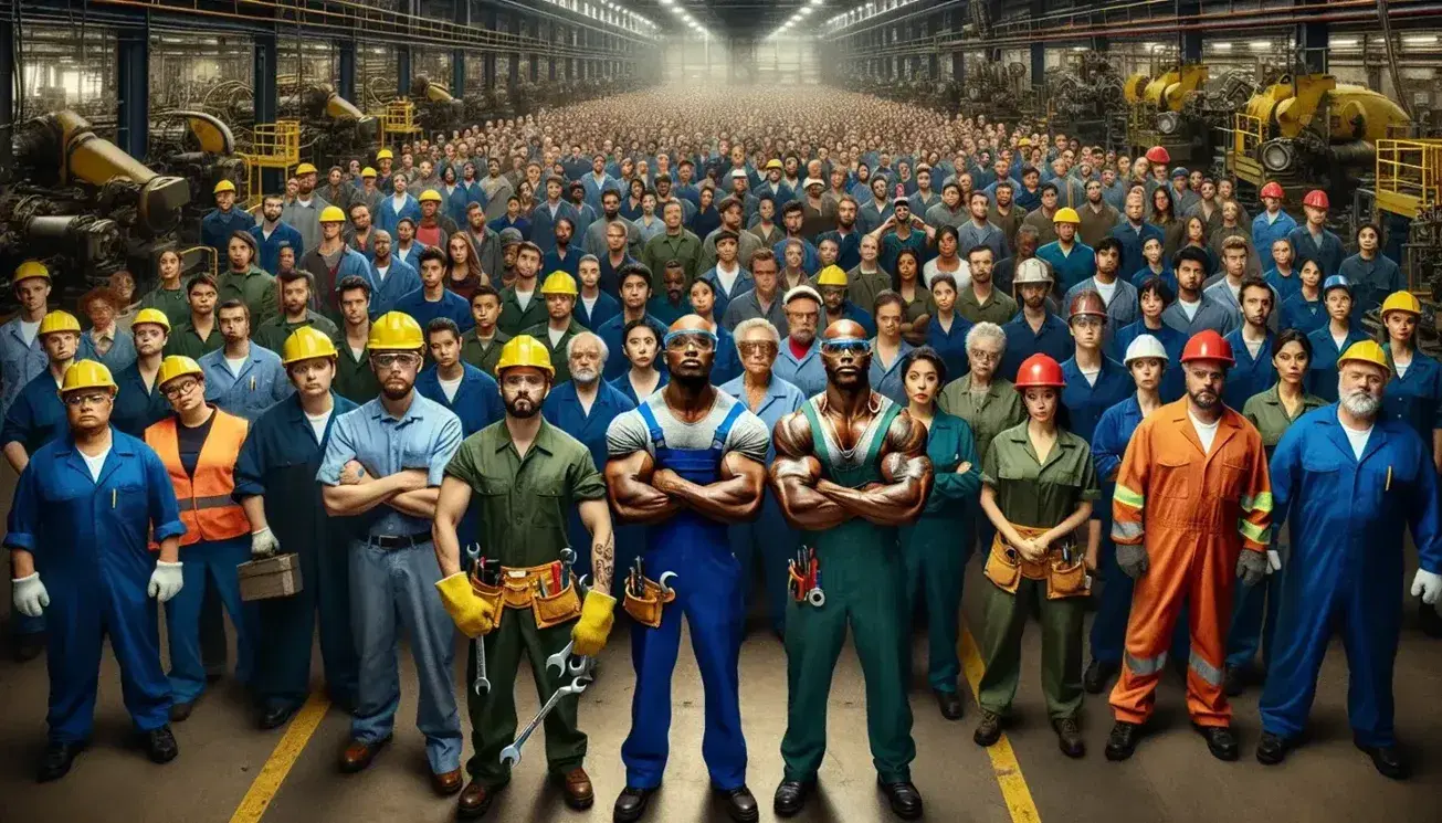 Diverse factory workers unite in an industrial setting, with a Hispanic woman, South Asian man, and Caucasian man at the forefront among machinery.