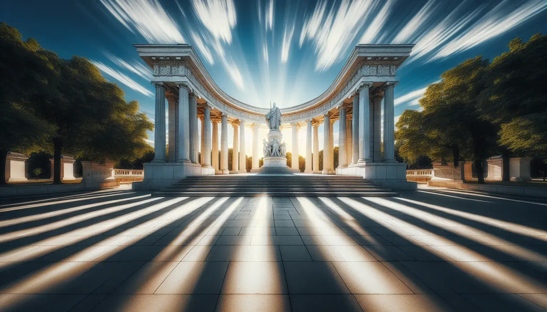 Sunlit columns of a famous monument with a central statue, wide steps, and a reflecting pool, surrounded by greenery under a clear blue sky.
