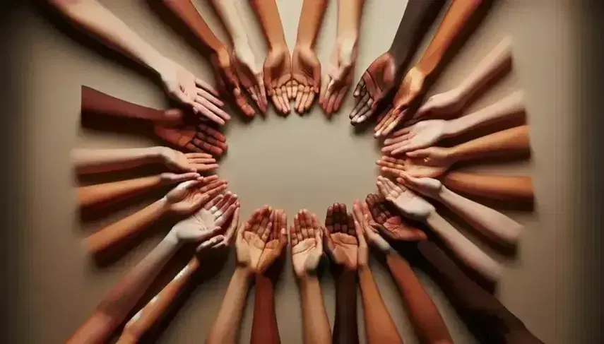 Mani di diverse tonalità di pelle formano un cerchio con le palme rivolte verso l'interno su sfondo neutro, simboleggiando unità e diversità.