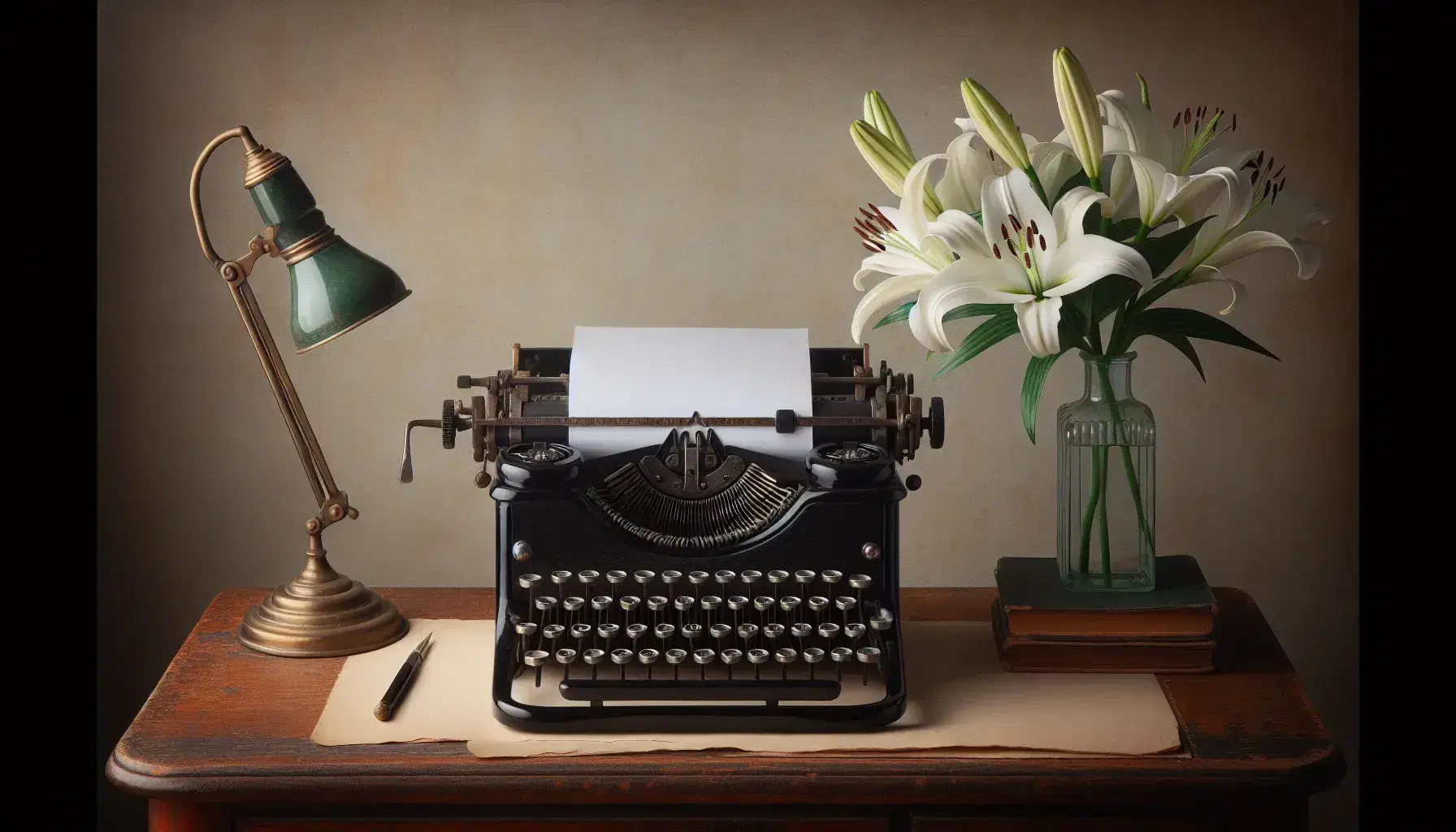 Vintage black typewriter with blank paper on a wooden desk, flanked by a vase of white lilies and an antique brass lamp with a green shade.
