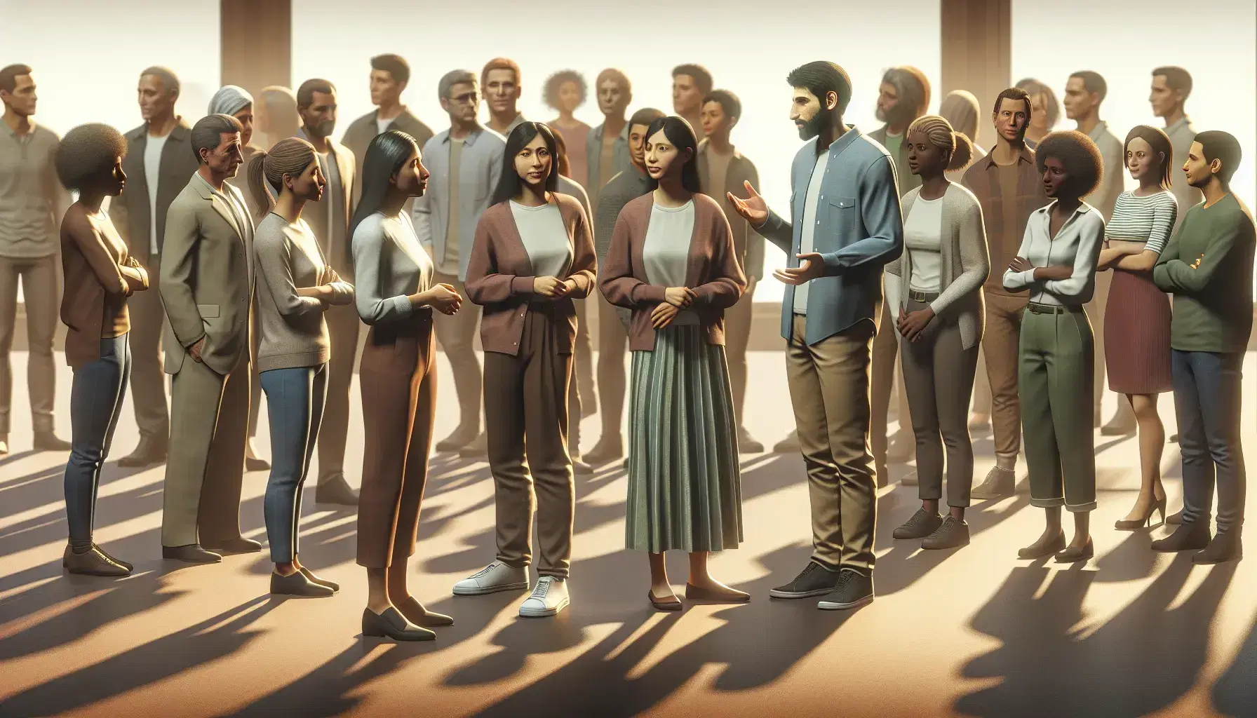 Diverse group of people in conversation, with a Hispanic woman and a Middle Eastern man in the foreground, in an environment with warm lighting and soft colors.
