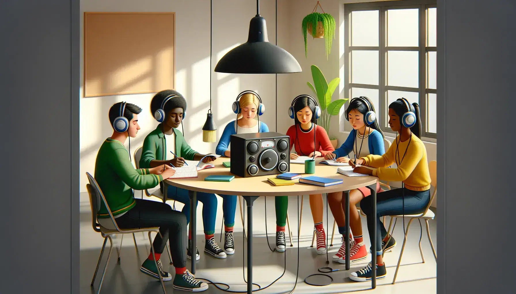 Multicultural students with headphones engage in a French listening exercise around a table in a sunlit, plant-adorned classroom.