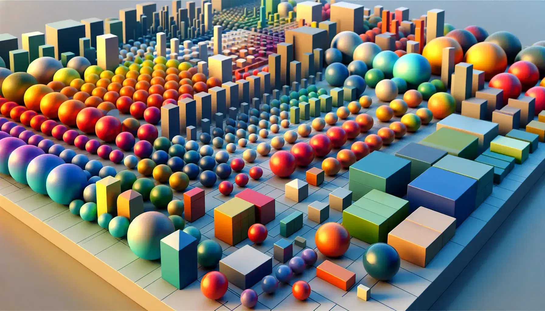 Figuras geométricas tridimensionales coloridas en esferas, cubos y prismas sobre superficie lisa con conos y pirámides al fondo.