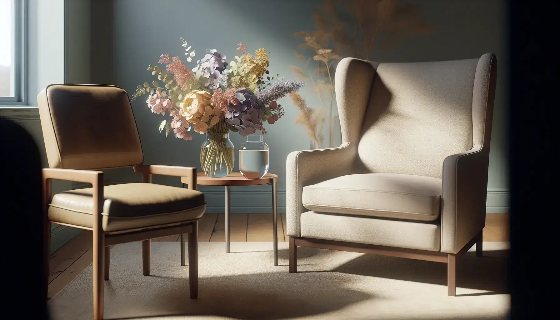 Serene therapy room with comfortable beige armchair, wooden table, vase of pastel flowers, brown leather therapist chair, relaxing environment.