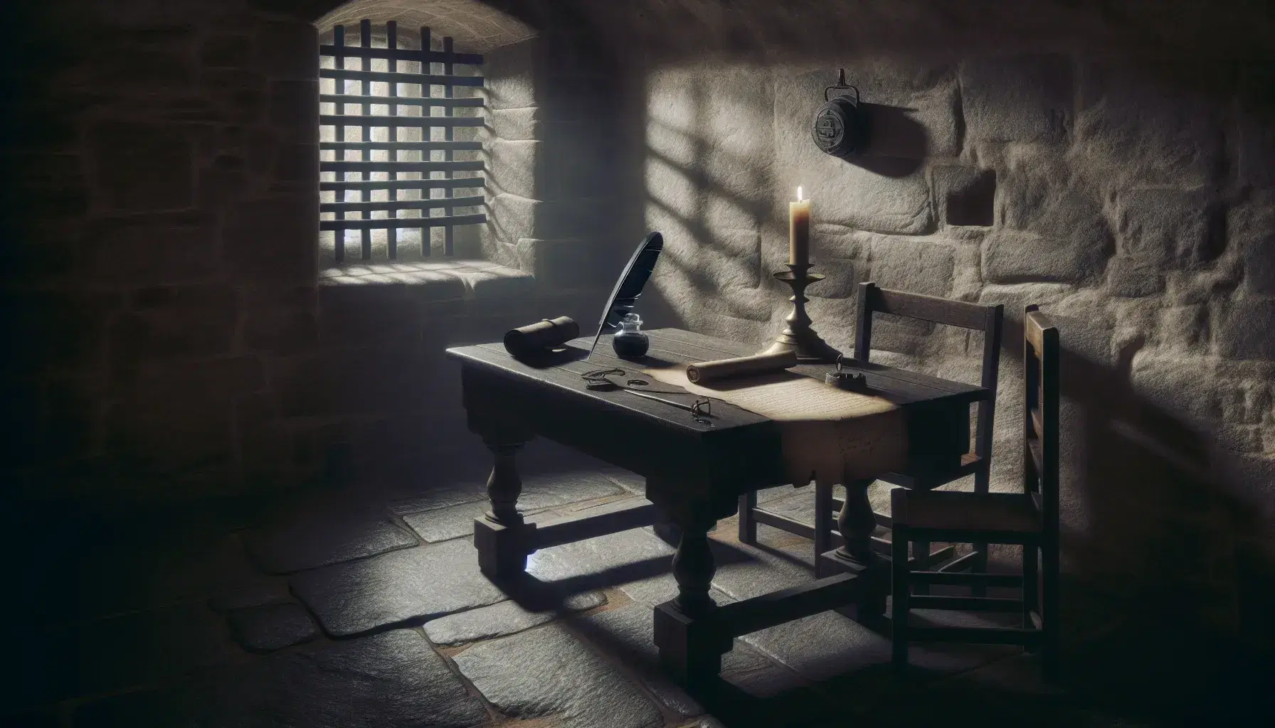 Dimly lit 17th-century stone room with a central wooden table holding a quill, inkwell, parchment, and brass candlestick, beside two wooden chairs.