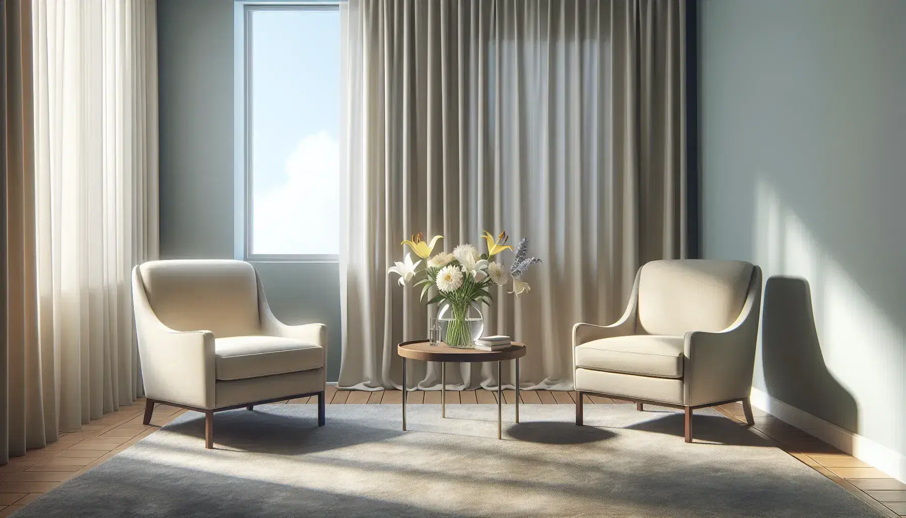 Therapist office with comfortable beige armchairs, coffee table with flower vase, light blue walls, bookcase and green plant. Calm and welcoming atmosphere.