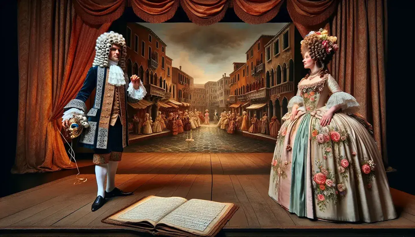 Scena teatrale settecentesca con attore in costume blu e parrucca bianca e attrice in abito verde e rosa su palcoscenico veneziano illuminato.