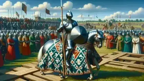 Cavaliere in armatura scintillante su cavallo bardato partecipa a torneo medievale sotto lo sguardo di spettatori colorati, in una giornata serena.