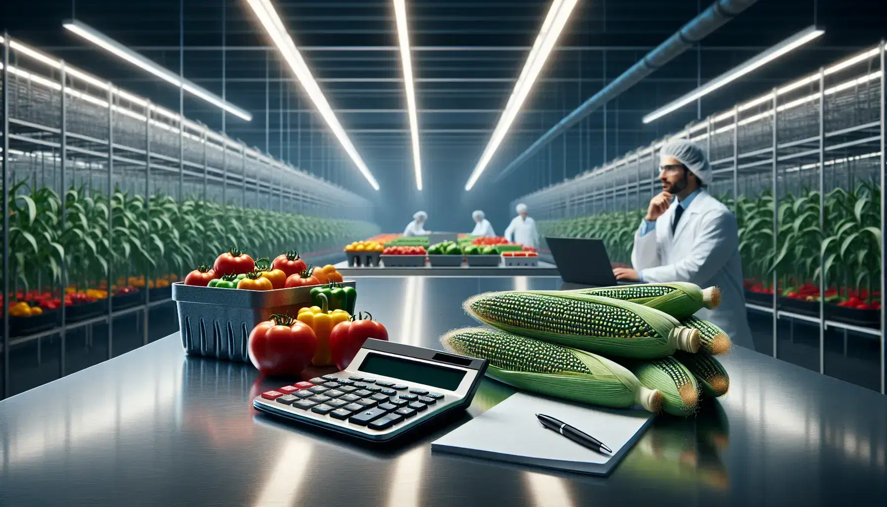Mesa de acero inoxidable con tomates rojos, pimientos verdes y amarillos, mazorcas de maíz, calculadora y papeles, con dos profesionales en labor agrícola al fondo.