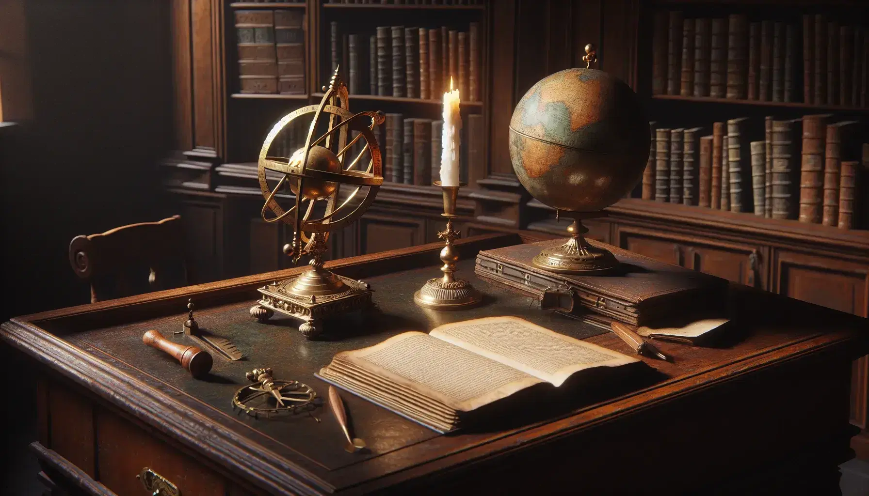 Renaissance study room with a wooden desk, open book, brass astrolabe, and candlestick, beside a globe and shelves of leather-bound books.