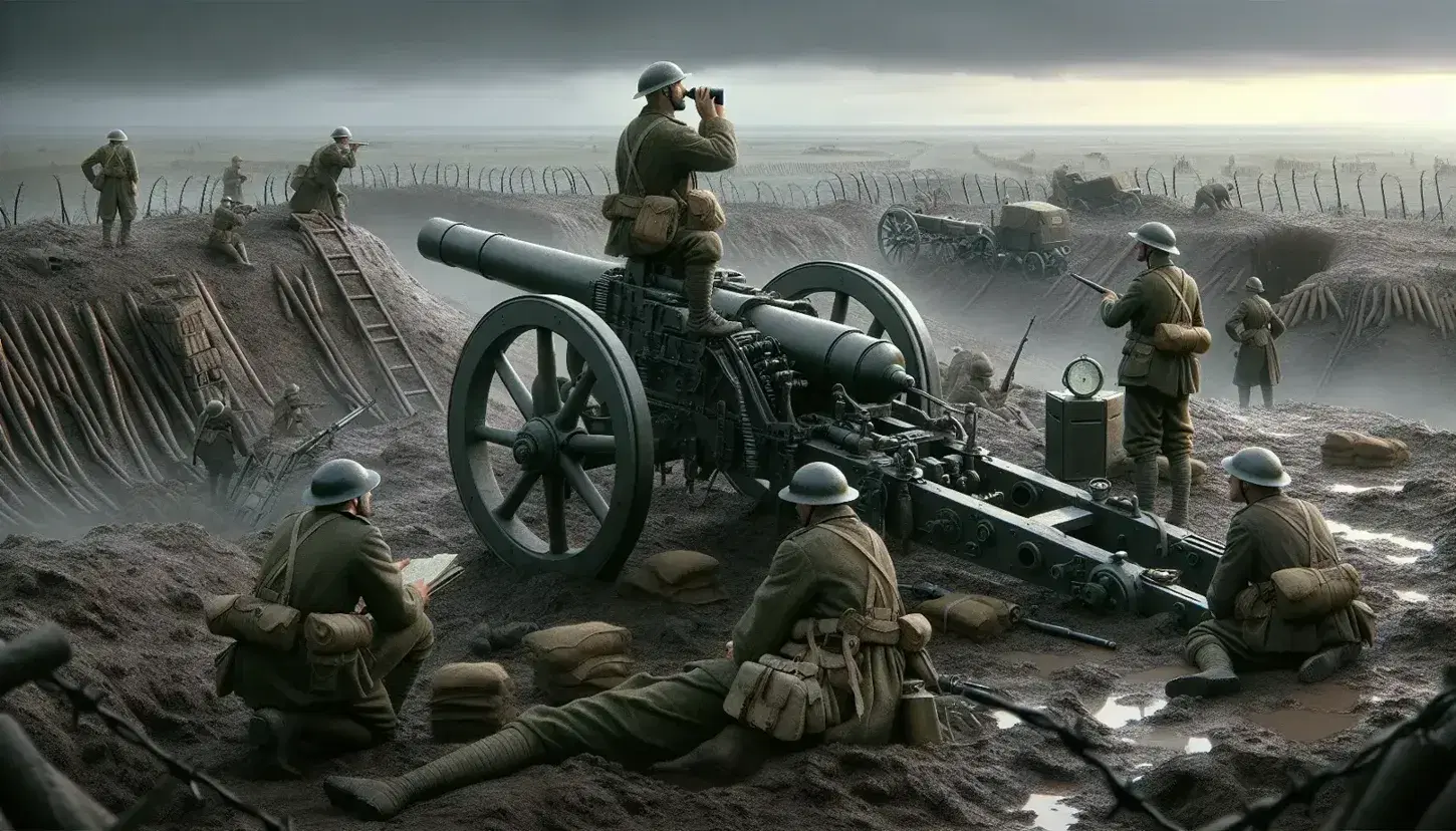 Scena di battaglia della Prima Guerra Mondiale con quattro soldati attorno a un cannone, sotto un cielo nuvoloso e tra fili spinati.