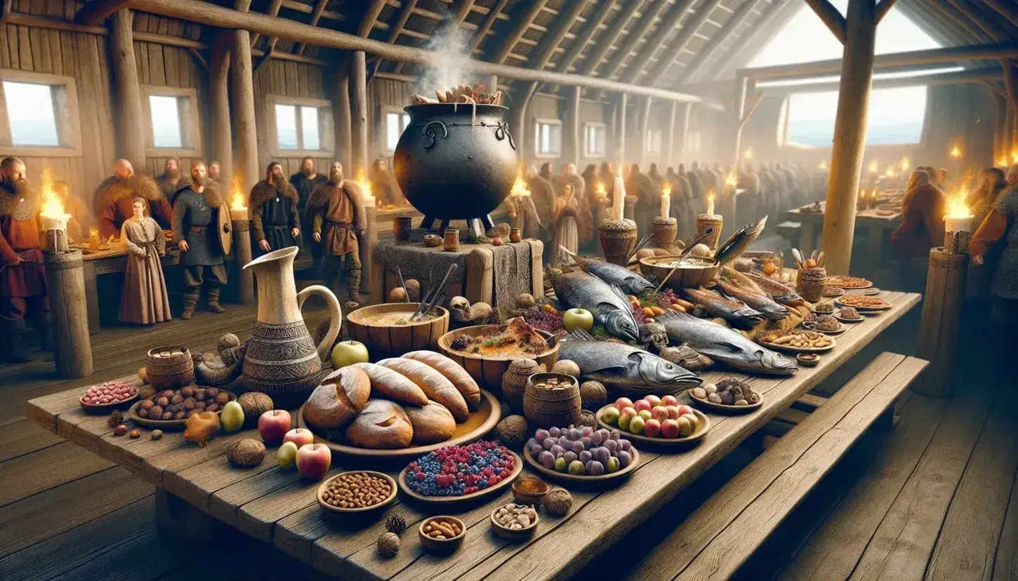 Viking feast in a longhouse with a table of bread, fish, fruits, and a steaming cauldron, surrounded by jovial Vikings, a harpist, and walls adorned with shields and weapons.
